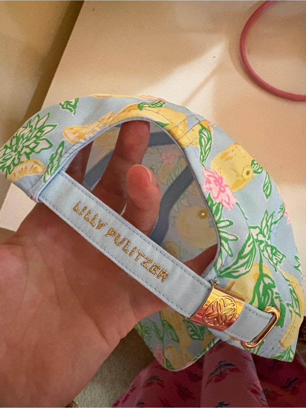 Lilly Pulitzer Blue Lemon Print Visor Hat with Green Leaves and Pink Accents - Picture 3 of 4